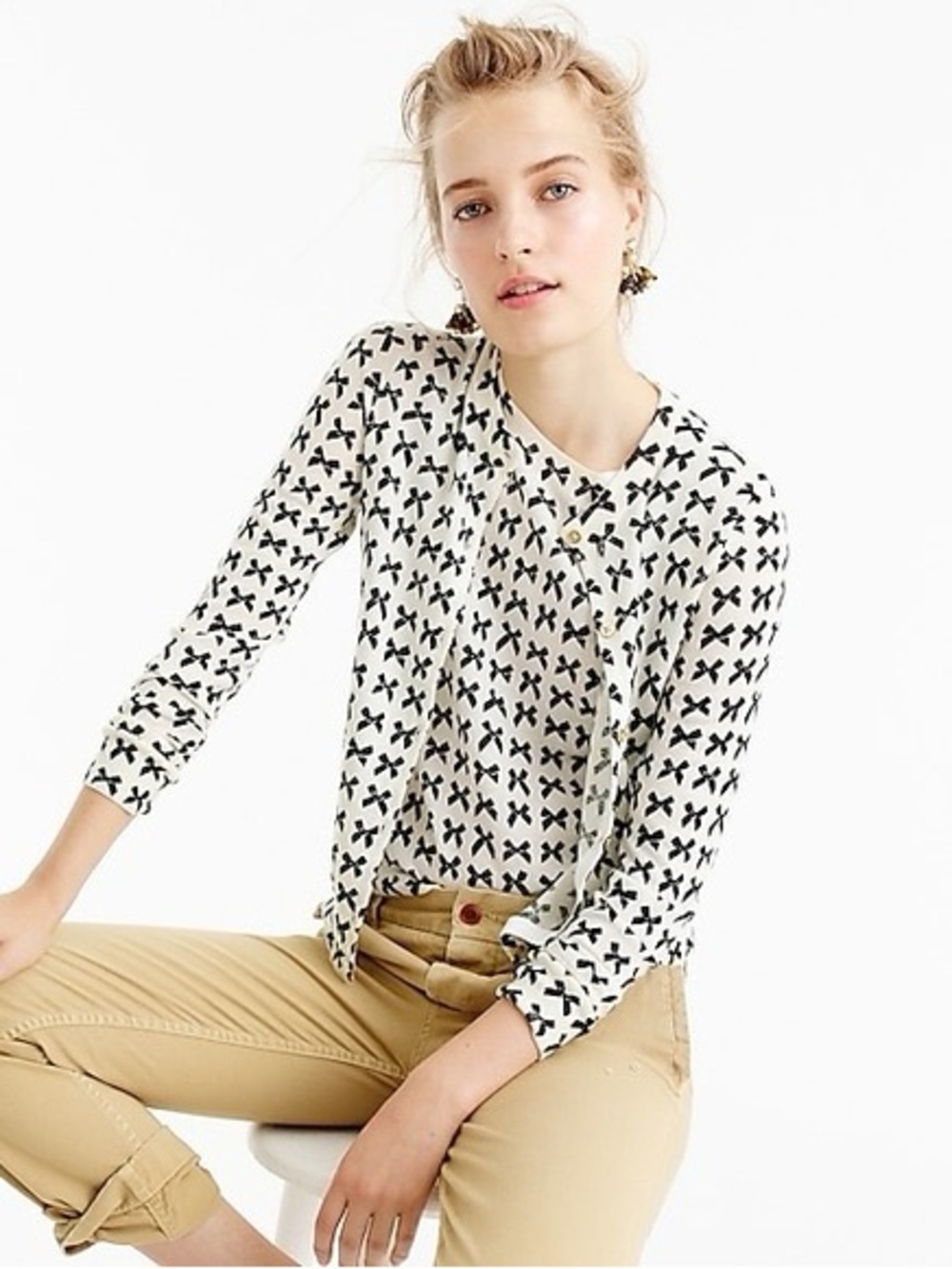 J. Crew Black & White Bow-Print Jackie Cardigan